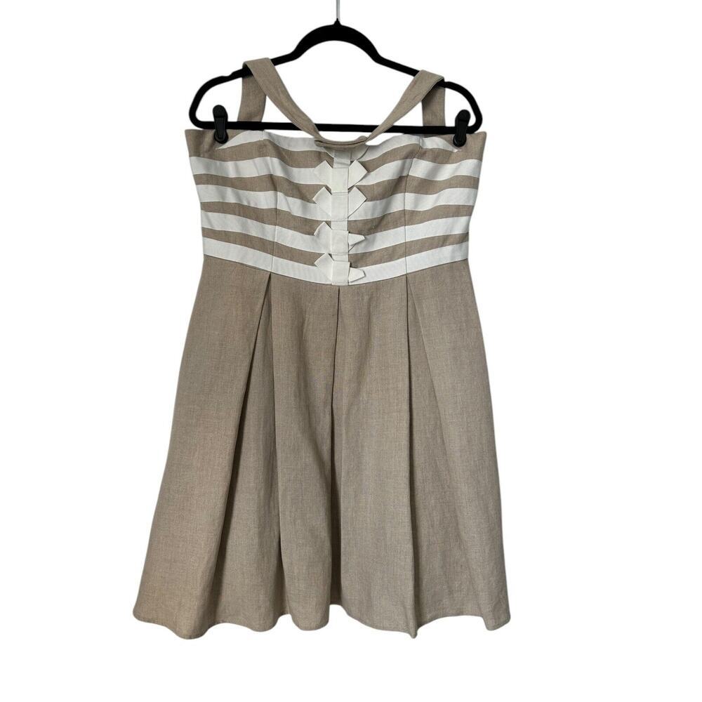 Jessica Simpson Dress Women's Size 8 Beige 100% Linen Grosgrain Trim Halter Mini